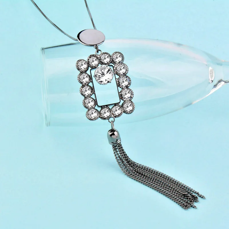 SINLEERY Vintage Hollow Square Rhinestone Long Tassel Pendant Necklaces for Women Jewelry Accessories MY284