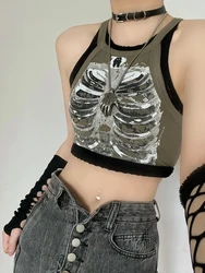 Punk Aesthetic Cyber Retro X-ray Skeleton Print Rib Sleeveless Vest ArmyGreen Crop Top Designer Clothes Women 2022 Summer Emo