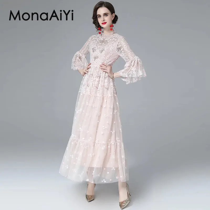 

MonaAiYi Women's Vintage Dress Autumn Stand Collar Flare Sleeved Mesh Embroidery Beading A-Line Party Evening Dresses