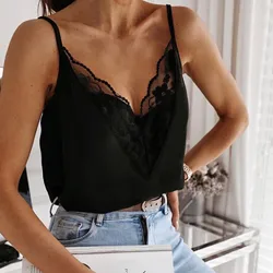 Women's Sexy Lace Splicing V-Neck Suspender Vest Top Blouse Camis Elegant Sleeveless All-matched Black/White Lace Tank Tops