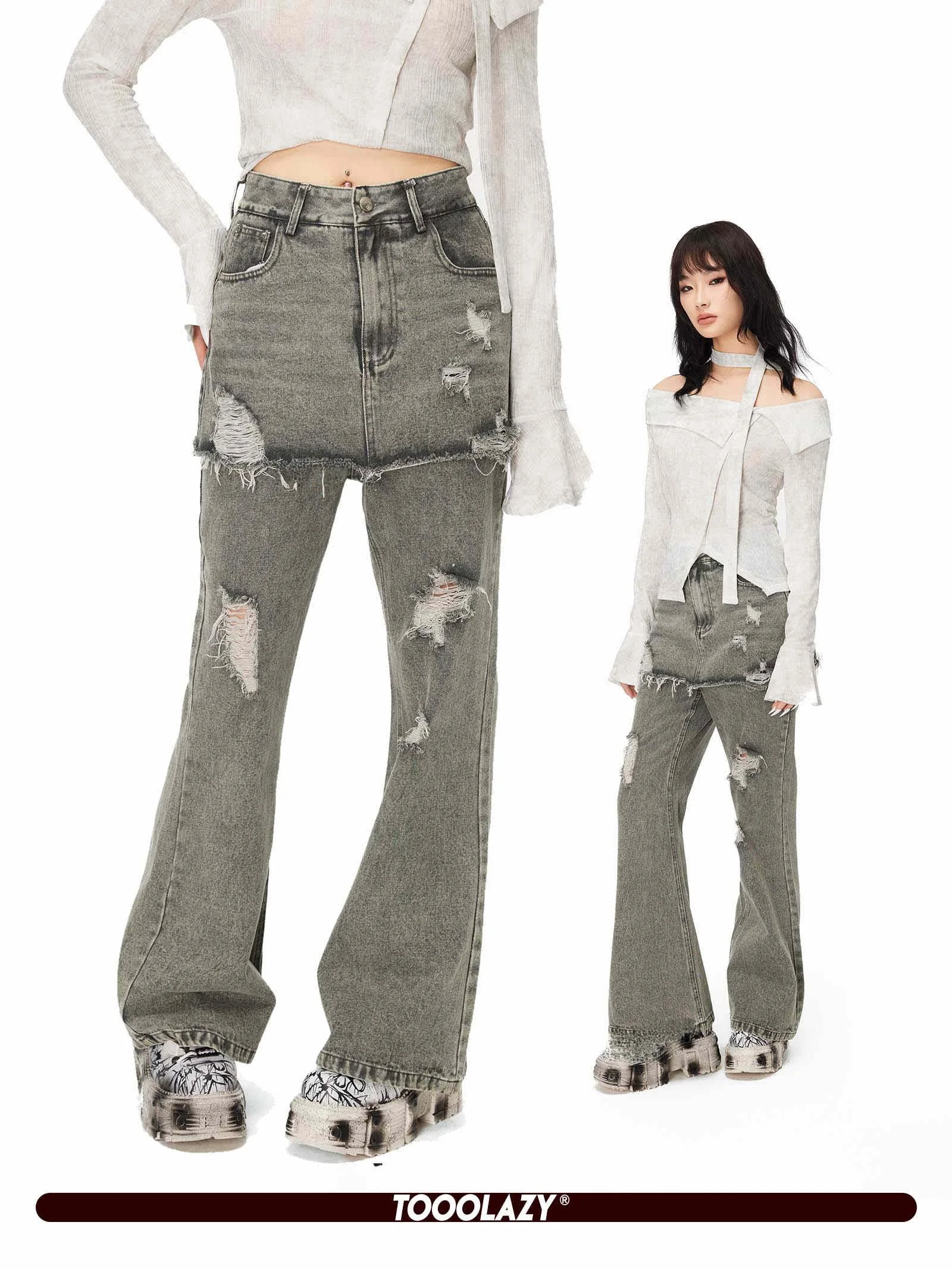 

TOOOLAZY Vintage Bla High Waist Bell Bot Jeans Women's Patchwork Faded Loose Long Trousers Casual Sle Spring Season