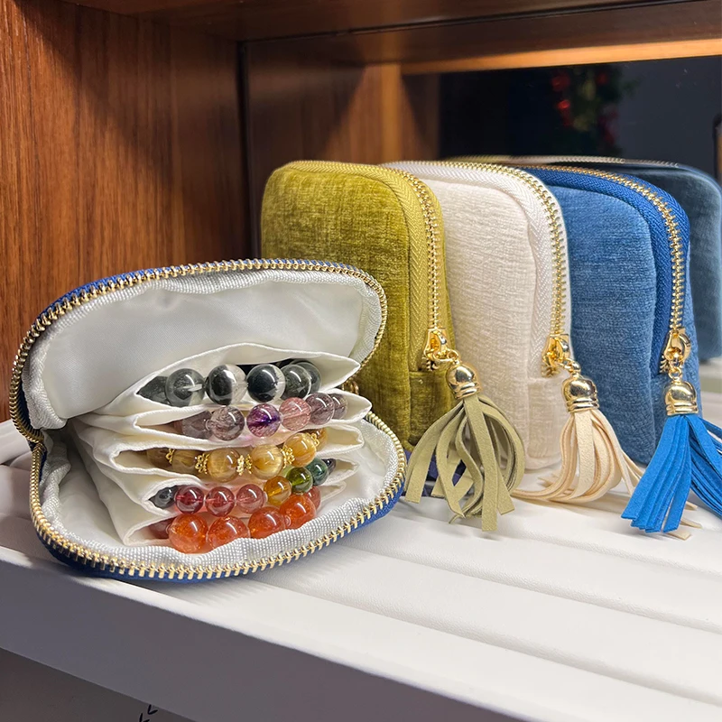 Tassel Zipper Jewelry Organizer Bag Velvet Multi-Layer Portable Case for Crystal Stone Buddha Beads Bracelet Storage Pouches