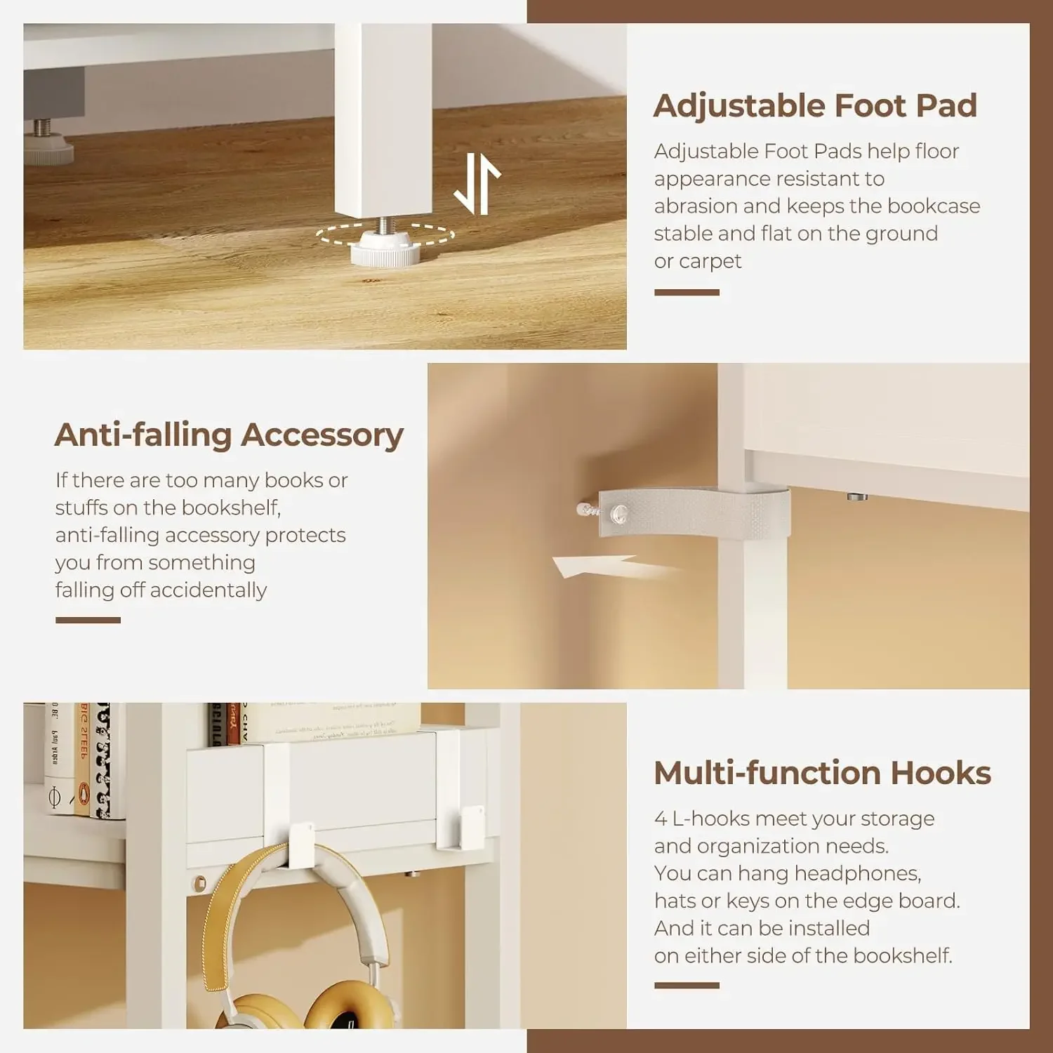 [Discounted Price, Hot Sale!]5 Tier with 4 Hooks, Reversible Corner Bookshelf, 65" Industrial Wooden Bookcase with Open Shelves