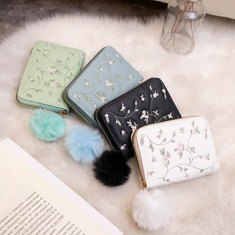 

New Embroidered Wallet for Women Ladies Coin Purses Hairball Tassel PU Leather Zipper Credit Card Holder Clutch Money Bag Pocket