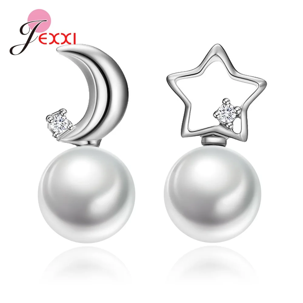 New Genuine 925 Sterling Silver Asymmetry Moon Star Pearl Pendant Drop Dangle Earring For Women Girls Earring Fine Jewelry Gift