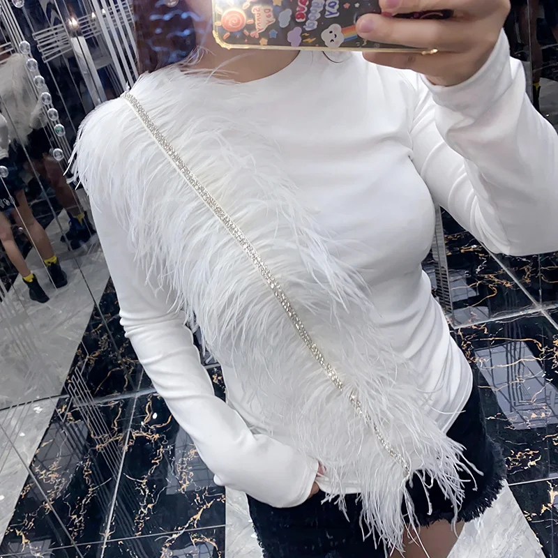 Sweet High Quality Tassel Rhinestone Chain Real Feather Slim Tshirt Women 2023 Spring New Temperament Long Sleeve White T-shirt