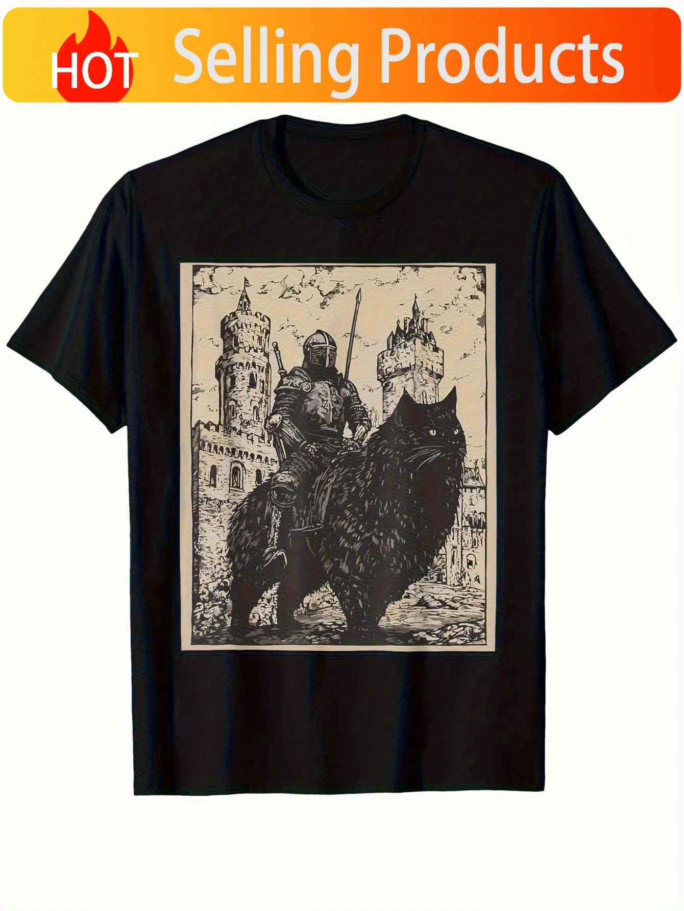 Men Vintage Medieval Knight Black Cat Graphic T-Shirt - Retro 90s GothicCastle Design Soft Breathable Tee for Cosplay