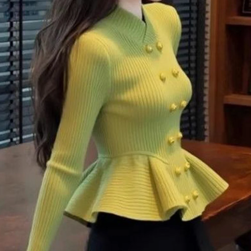 Korean gentle wind super good-looking waist thin ruffle edge knitted sweater niche beautiful unique top 2026 autumn