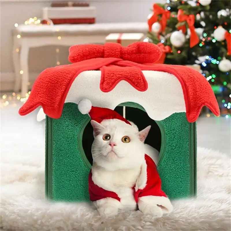 YOKEE Christmas Gift Box Cozy Nest Cat Cave, Dog Kennel, Winter Warm House, Four Seasons, Universal Sweet Kittens Basket Bed