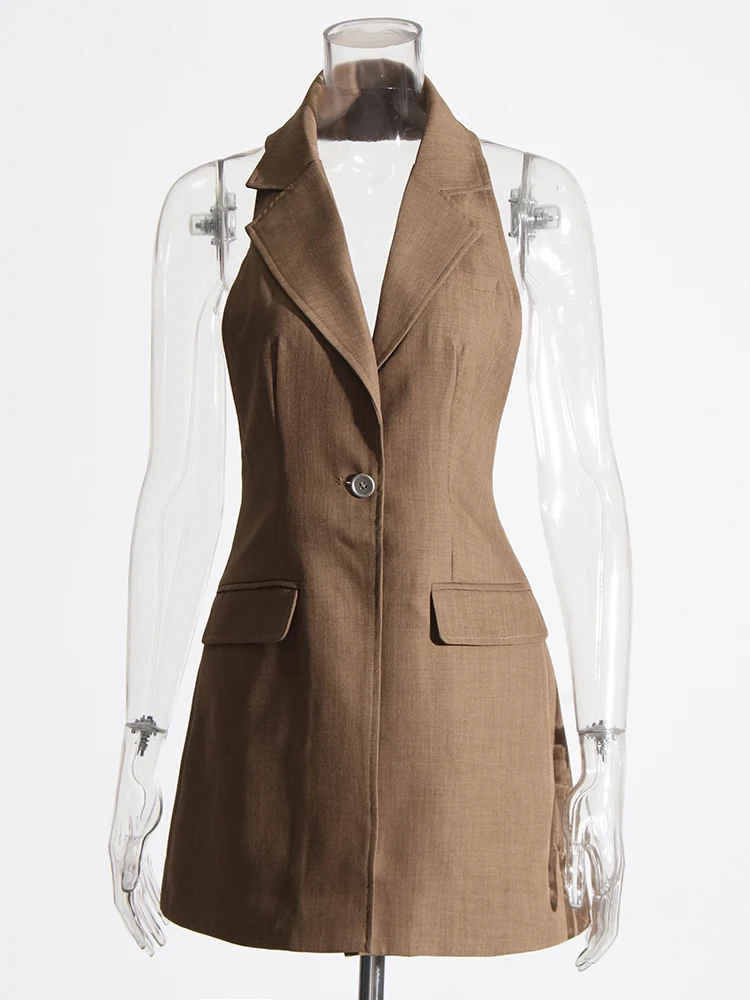GALCAUR Solid Two Piece Sets For Women Notched Collar Sleeveless Folds Dress Long Sleeve Spliced Belt Coat Casual Set Female New