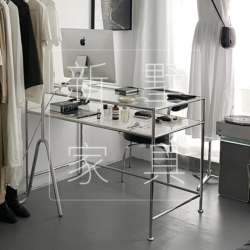 ins modern stainless steel glass desk personalized creative high-end desk minimalist design light luxury comfortable