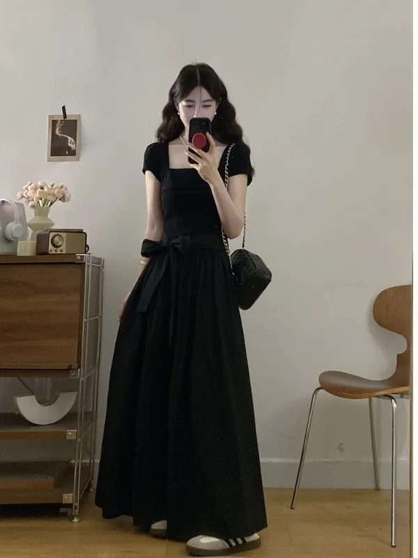 

plus Size Women's Dr Knot Belted Square Ne Long Dr Summer New Sle Waist Cinching Korean Version A-Line Skirt