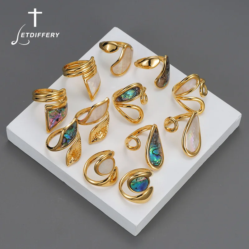 Letdiffery Multi-style Colorful Abalone Shell Rings for Women Men Stainless Steel Fashion Geometric Random Color Open Rings Gift