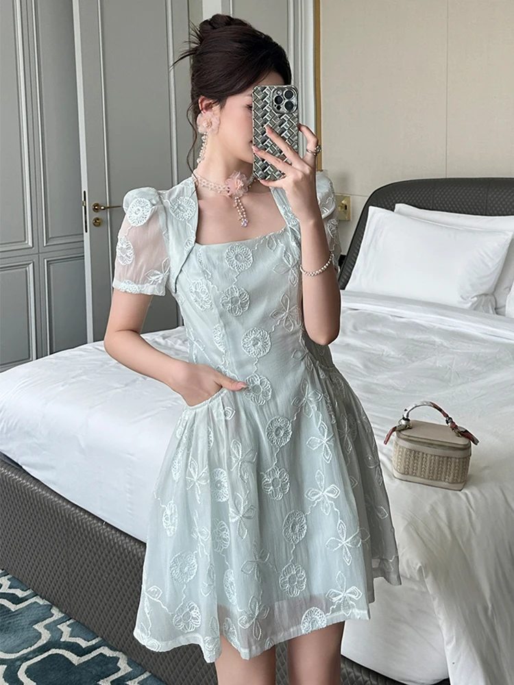 French Style Date Mini Dress for Women Kawaii Cute Banquet Short Sleeve Folds Pockets Swing Ball Gown Lady Party Female Vestidos