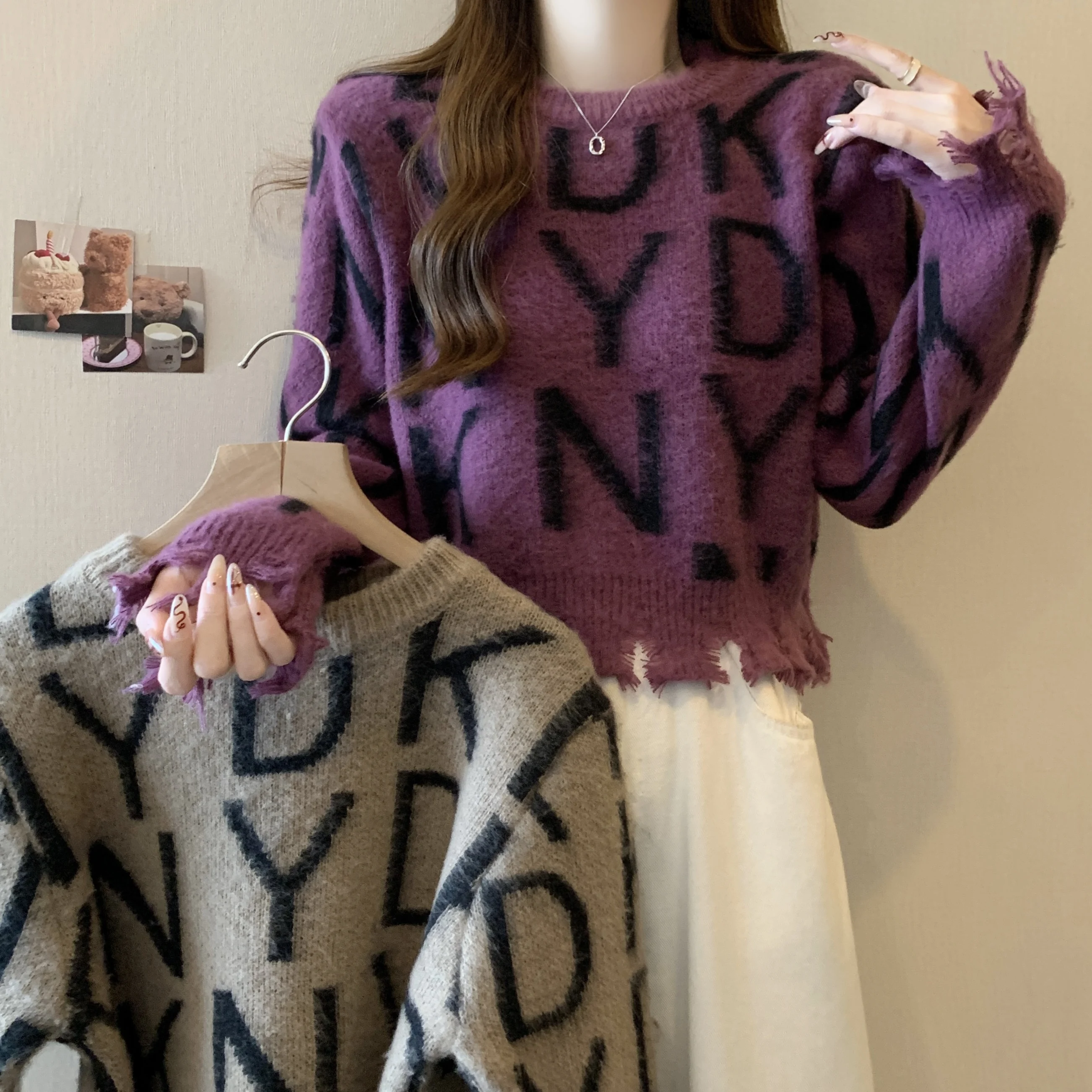 ort レディースセーター 2025年秋冬新作 ファッション ハイウエスト ホールレター刺繍 アウタートップ コットン ロングスリーブ クルーネック...