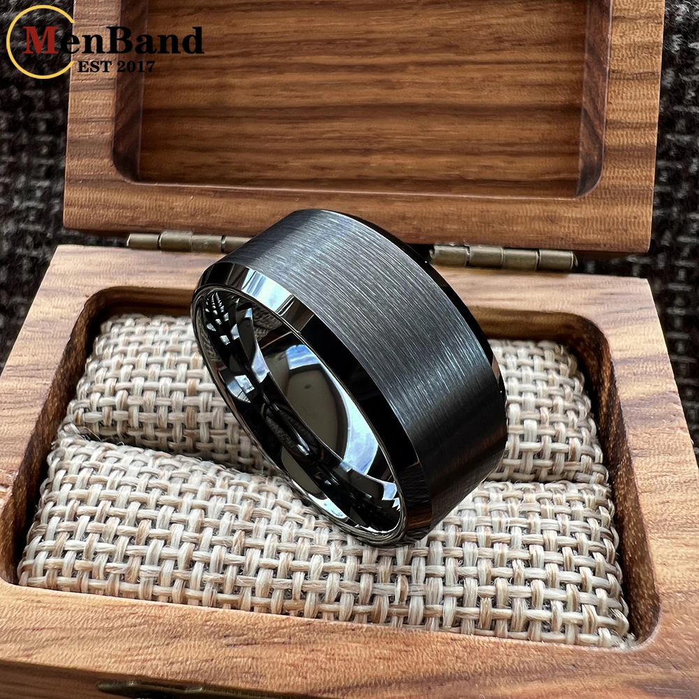 MenBand Basic 10/12mm Men Wedding Black Tungsten Ring Brushed Finish Beveled Polished Edge Comfort Fit