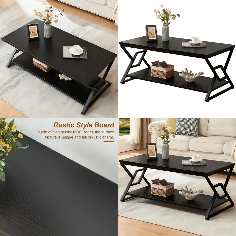 

Rustic Rectangular 2-Tier Storage Coffee Table, Engineered Wood, Minimalist Design, 47 Black for Living Room