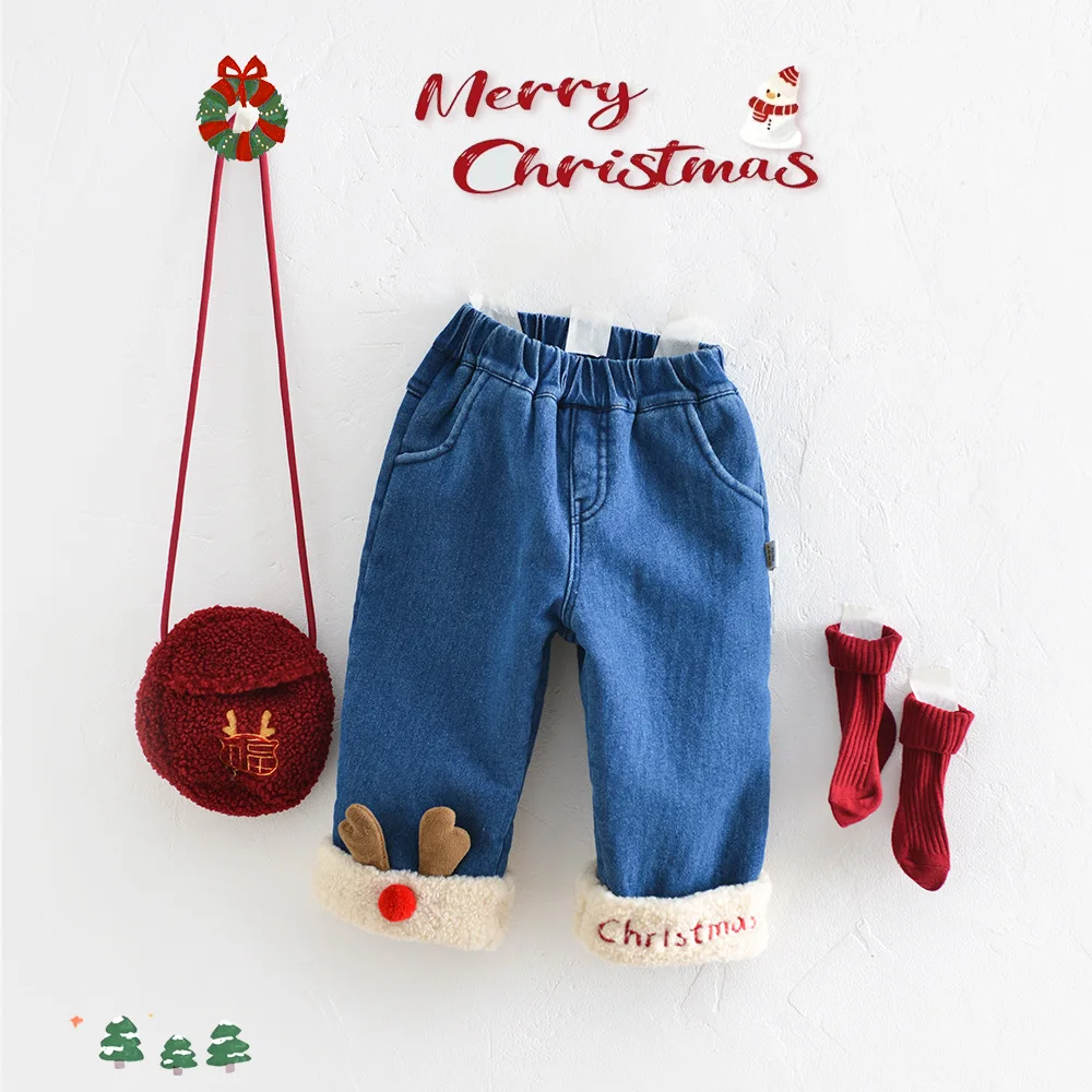 2025 Winter Fleece-Lined Pants for Children Christmas Reindeer Antlers Washed Denim Pants