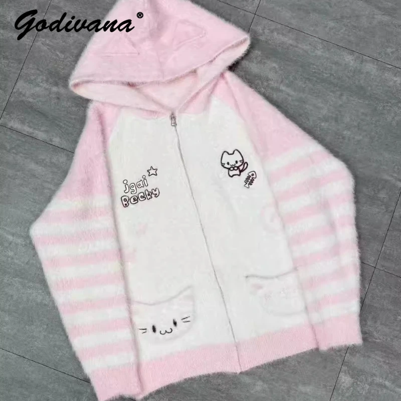 

Новый осенне-зимний студенческий вязаный кардиган с капюшоном для девочек Kawaii Y2k, женский свитер из мохера на молнии с героями мультфильмов, куртка