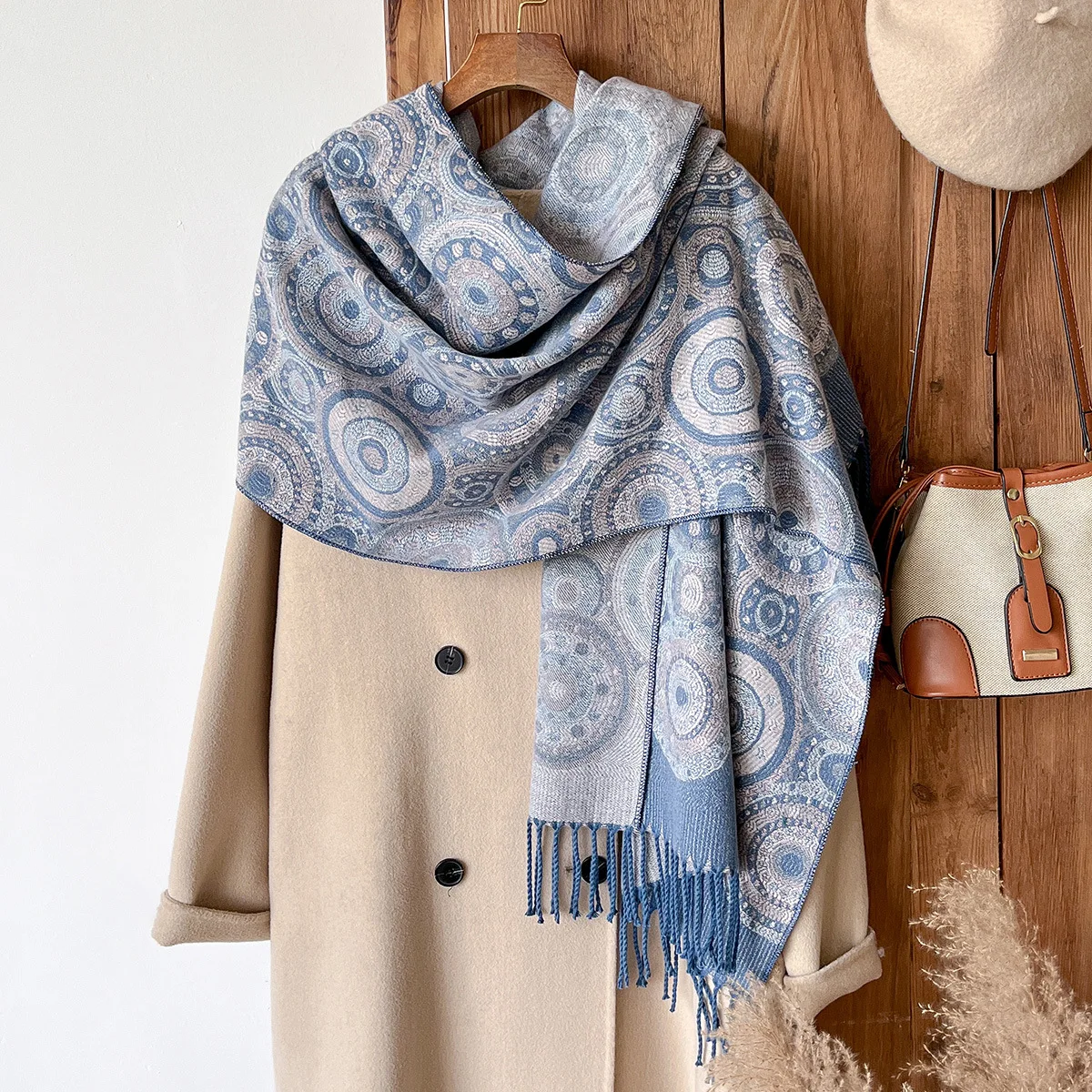 Circle Autumn and Winter Long Women's Warm Tassel Jacquard Shawl Dual-use Shawl