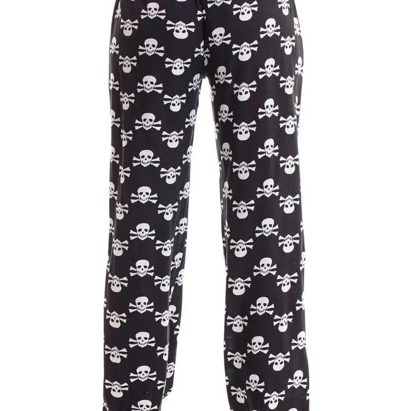 Black Gothic Skeleton Print Sleep Pants Slim Figure Flattering Lazy Aesthetic Loose Casual Lounge Trousers Relaxed Home Pajama B