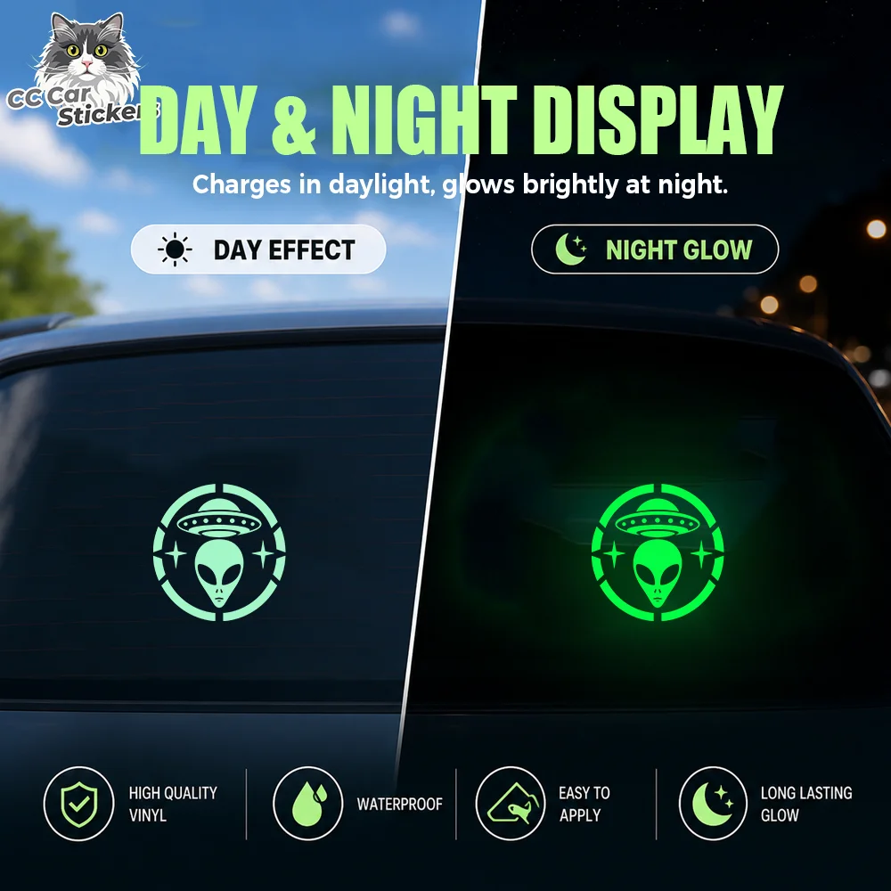 Alien Head UFO Glow in the Dark Car Sticker Luminous Vinyl Decal Waterproof Rear Window Sci-Fi Auto Accessories Decor Trim Set