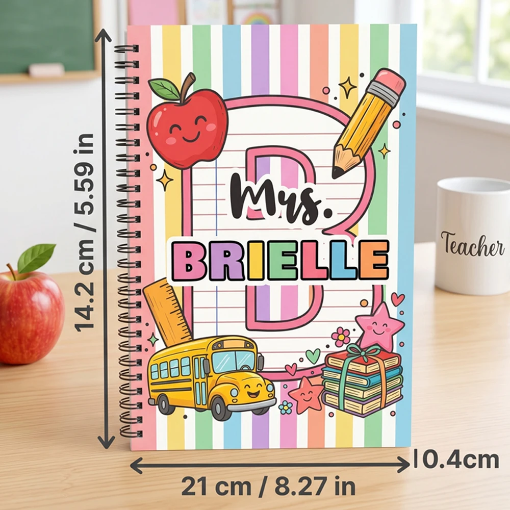 Custom Text Spiral Notebook,Stripe School Bus Teacher Theme,Personalized Name Journal,Custom Stationery Present for Educators