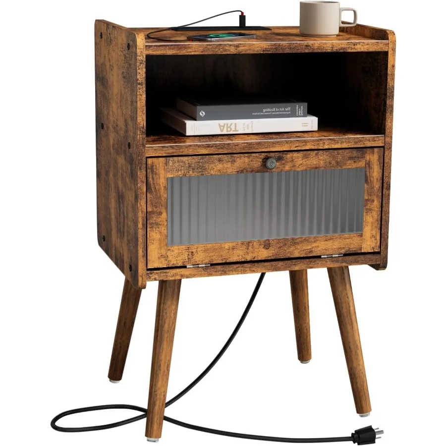 Comodino moderno della metà del secolo con stazione di ricarica e porta in vetro per camera da letto e soggiorno Tavolino portaoggetti a due livelli con