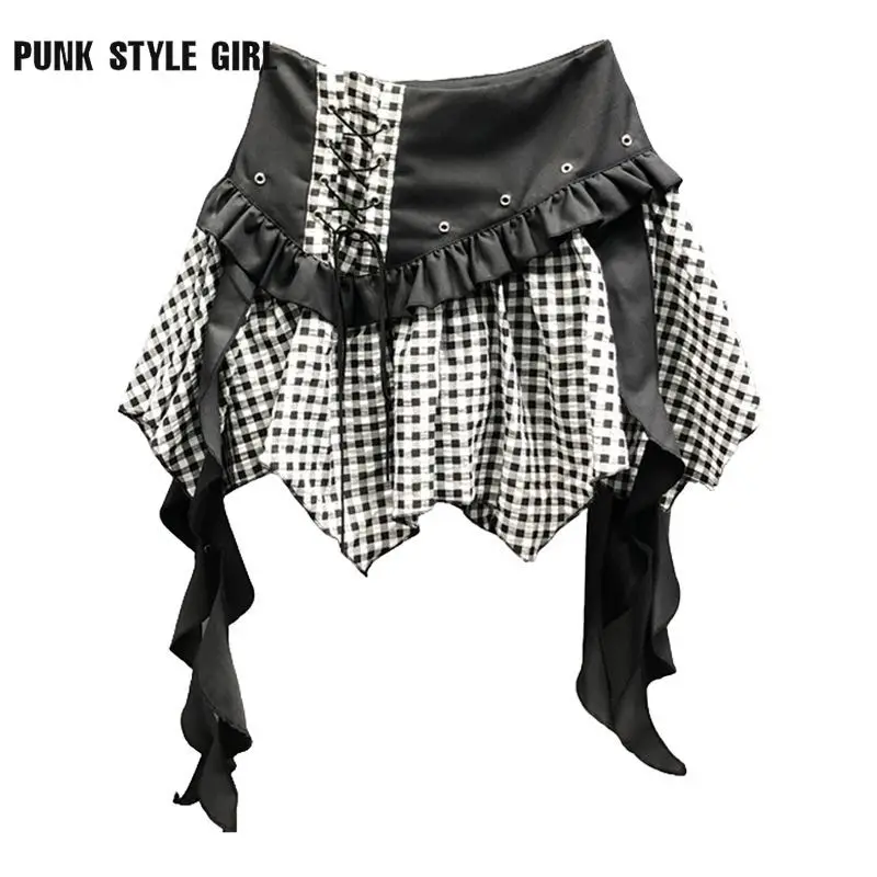 

Hot Girl Irregular Tassle Mini Plaid Print Subculture Sweet Skirt Harajuku Aesthetic Rock Hip Hop A Line Ruffle Patchwork Skirts