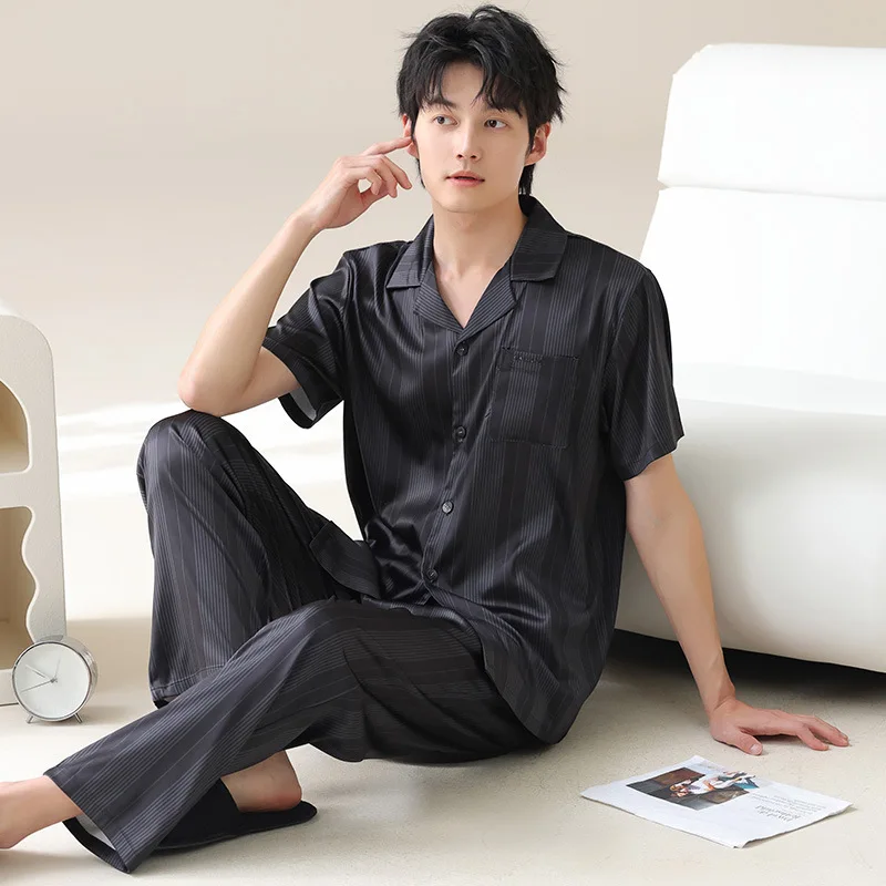 

Luxury Men's Ice Silk Summer Cardigan Pajamas Short-sleeved Trousers Plus size Korean Comfortable thin Loungewear pijama hombre