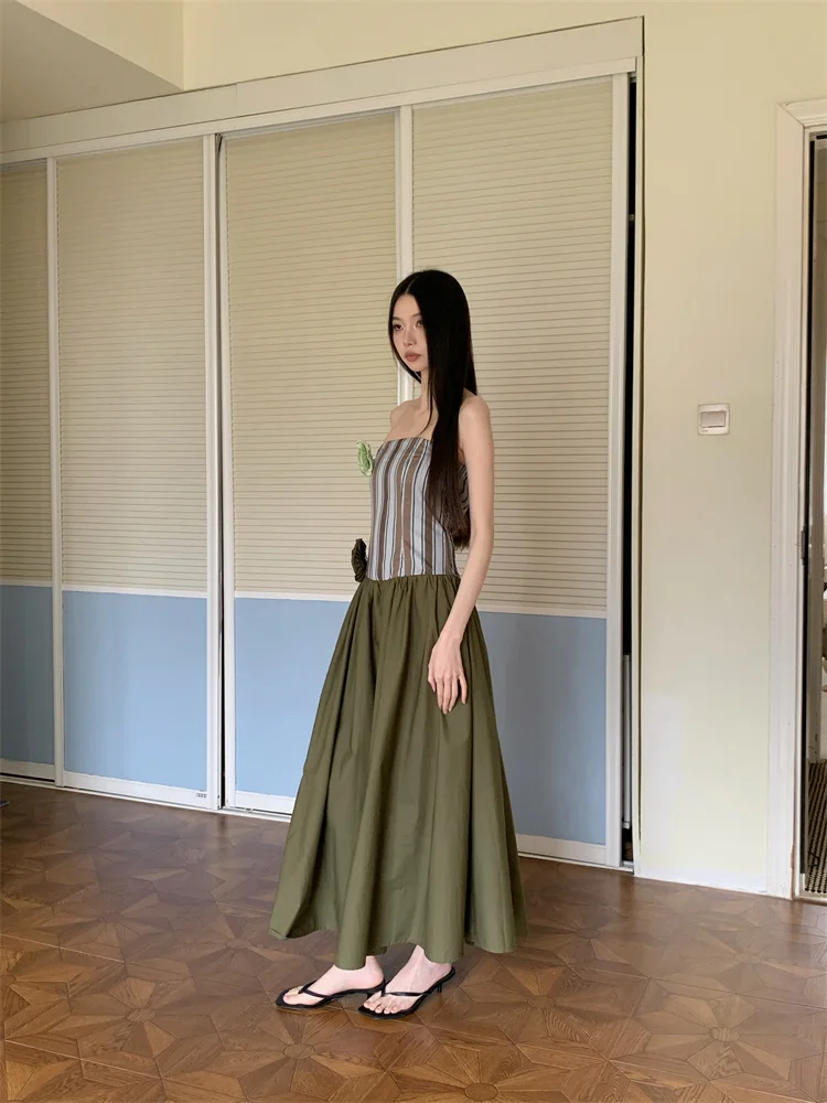 Sukienki CHEERART w paski, patchworkowe, bez ramiączek, długie, 2025, damskie aplikacje, zielona suknia balowa, designerska sukienka midi, odzież