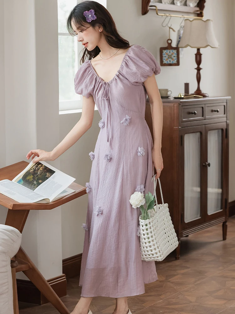 Sommer Lila Chiffon Applikationen Chic Langes Kleid Frauen Puff Sleeve Bogen V-ausschnitt Casual Kleid 2025, Koreanische Elegante Bodycon Prom Kleid