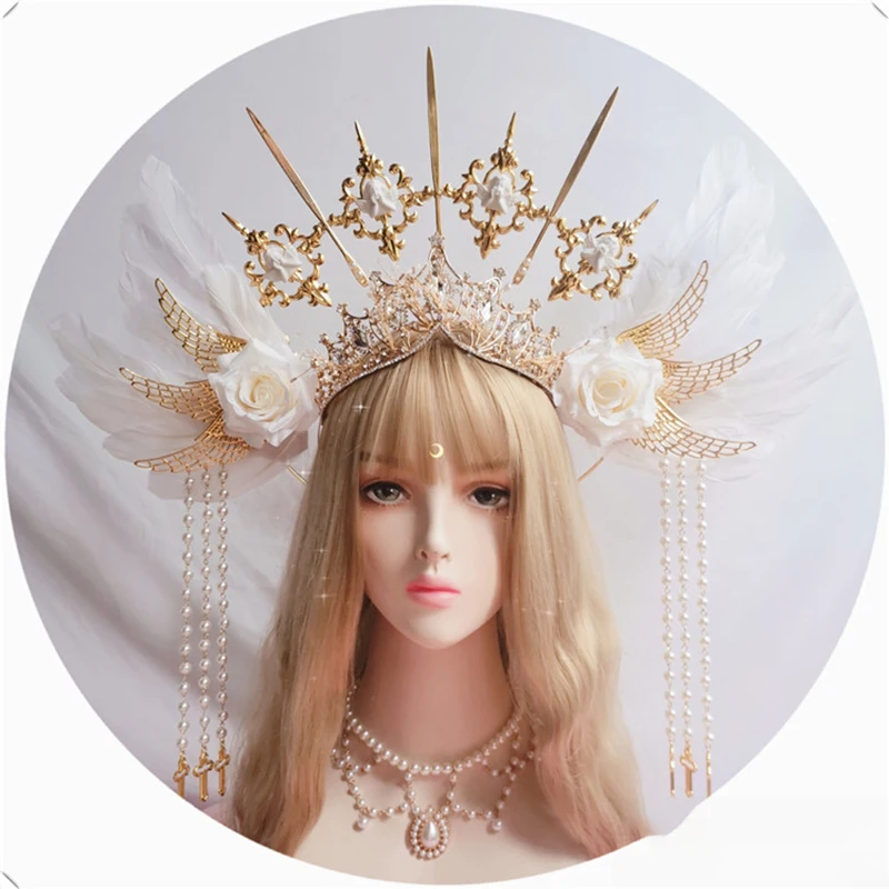 

KC Crown Headwear White Angel Feather Wing Virgin Mary Bead Chain Baroque Wedding Tiara Gold Halo Lolita Gothic Hair Accessory