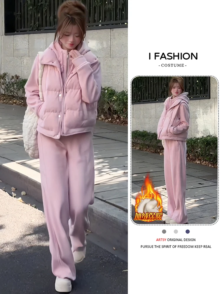 

Thiened Fce High Waist Wide Leg Pants Vest Tee Piece Set Women's Winter New Loose plus Size Casual Sportswear Set