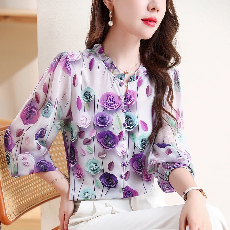 2025 Spring Summer Fairy Blouse Pullover Girls 3D Roses Printing Ruffled V Neck Chiffon Blouses Tops Women Shirts