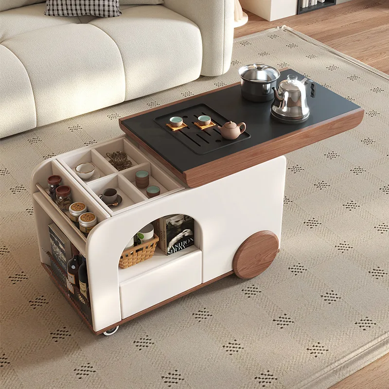 Living room tea table solid wood movable retractable storage grid coffee table boiling water making tea integrated side cabinet