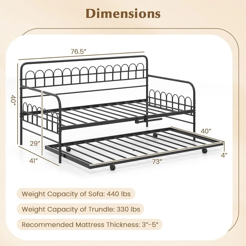 twin size daybed with trundle, metal frame daybed featuring curved backrest and armrests