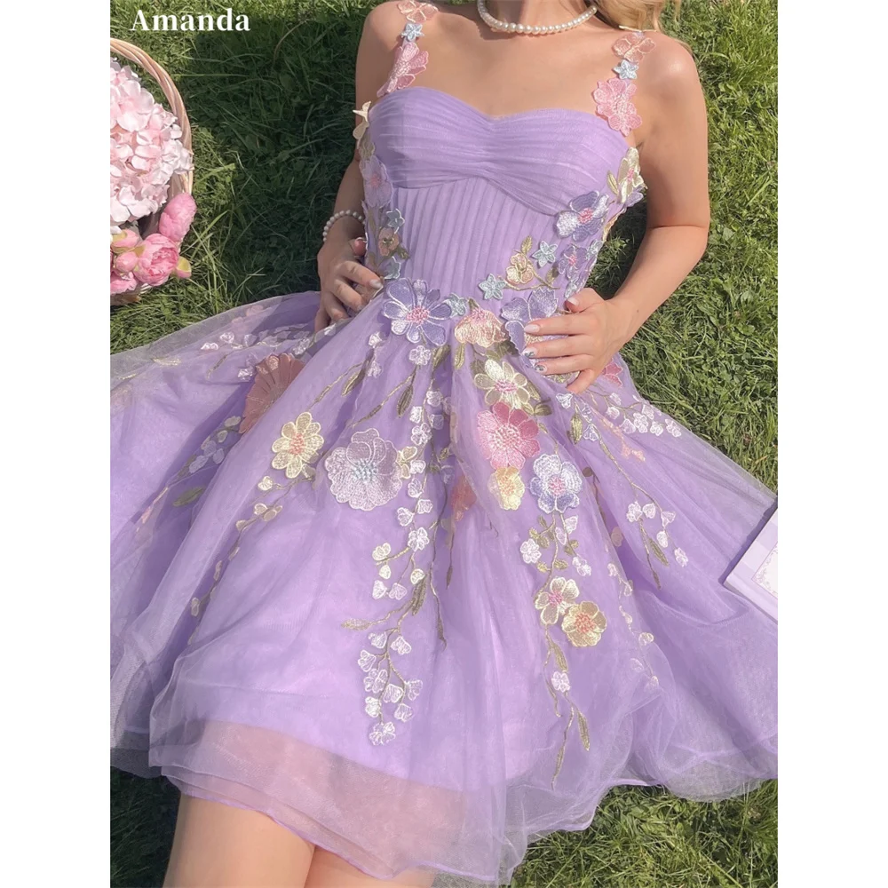 Amanda Customized Purple Lace Appliques Mini Prom Dresses Spaghetti Strap vestidos de noche Ball Gown After Party Formal Evening