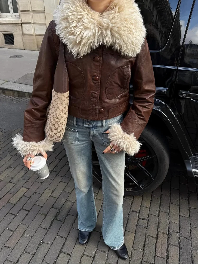 سترة نسائية من الجلد ذات ياقة من الفرو وأكمام طويلة واحدة الصدر سترة قصيرة من الفرو 2026 ملابس يومية للسيدات جديدة #1