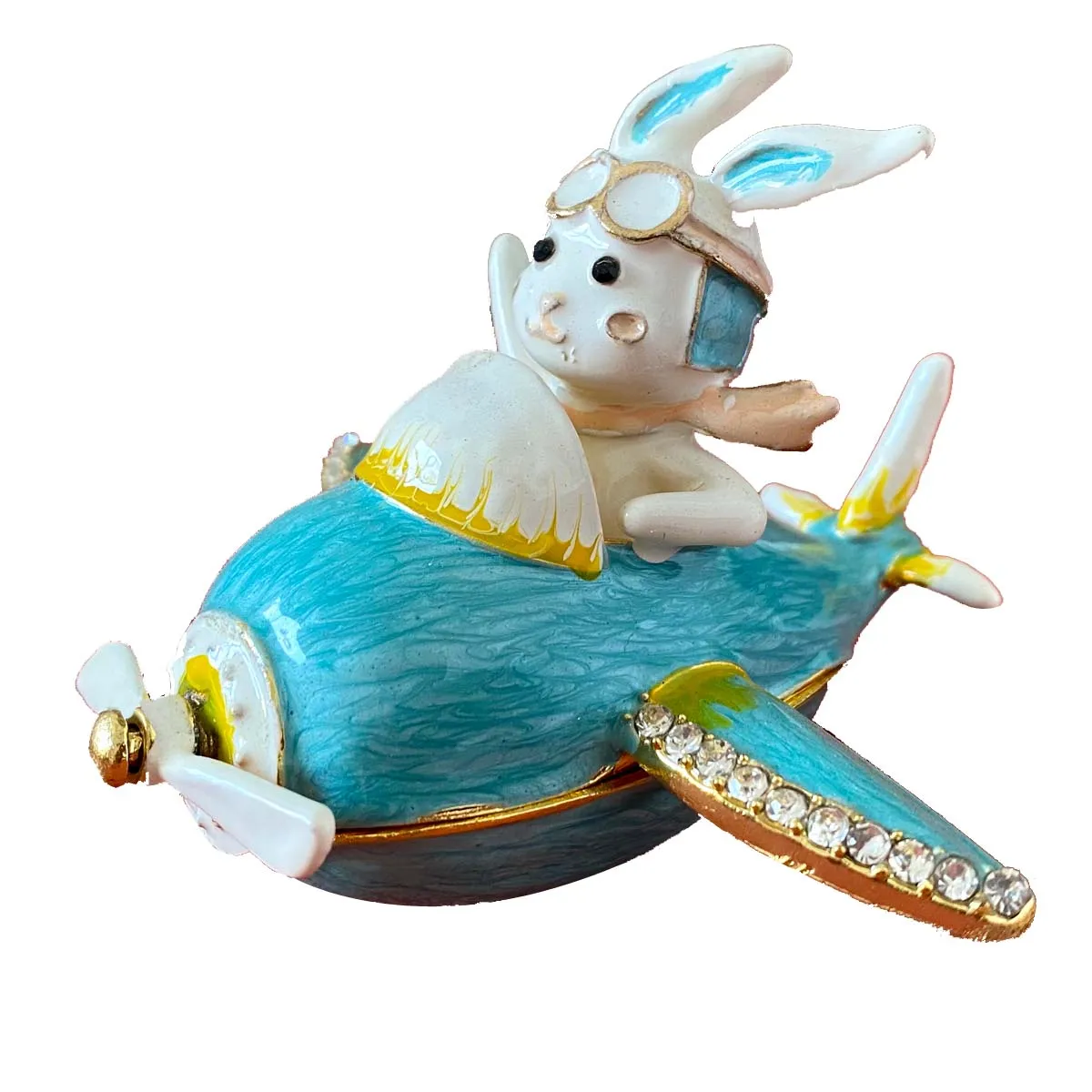 Cute Rabbit Shaped Trinket Jewelry Box Metal Storage Case for Earrings Necklaces Wedding Rings - Kids Gift with Aircraft Figurin