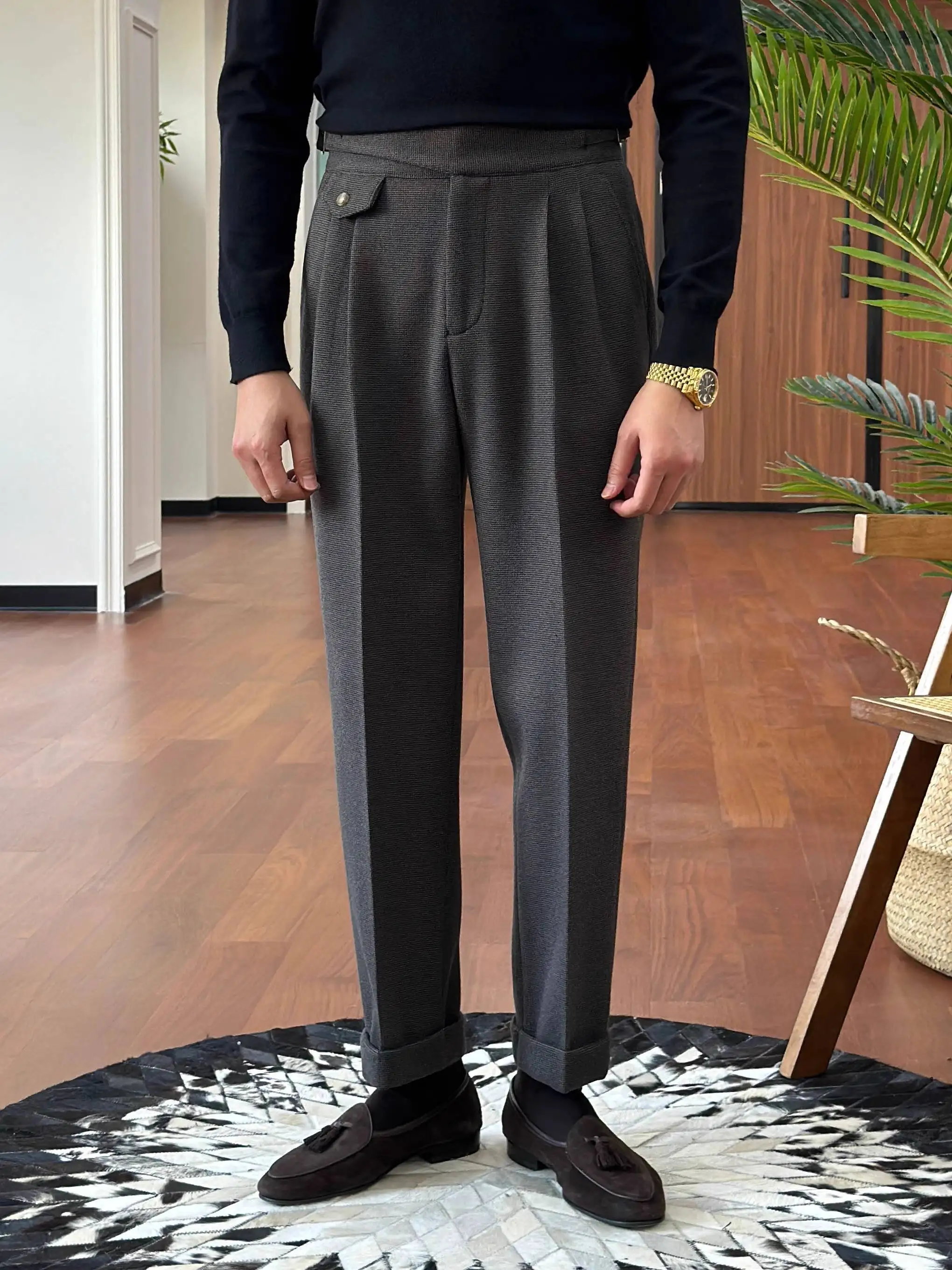 الخريف الشتاء سميكة عالية الخصر مستقيم الأعمال مكتب بنطلون نابولي الراقية الصوفية طويلة بانت للرجال بنطلونات Hombre 2025