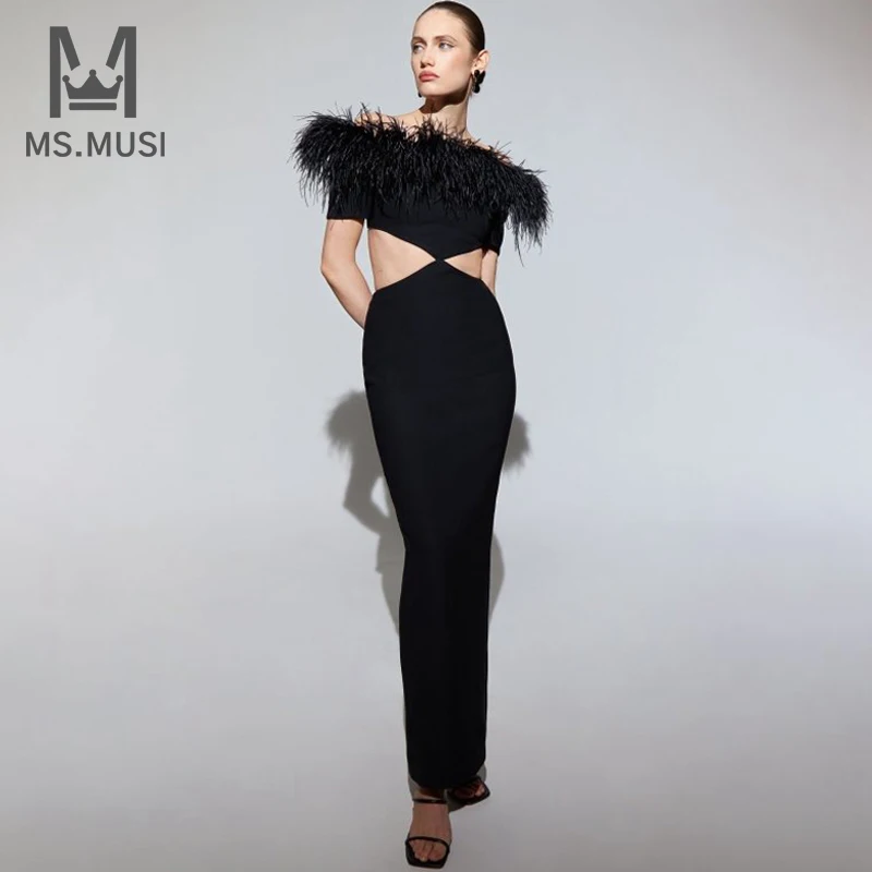 

MSMUSI 2022 New Fashion Women Sexy Slash Off The Shoulder Feather Hollow Out Bodycon Party Club Event Maxi Dress Long Gown