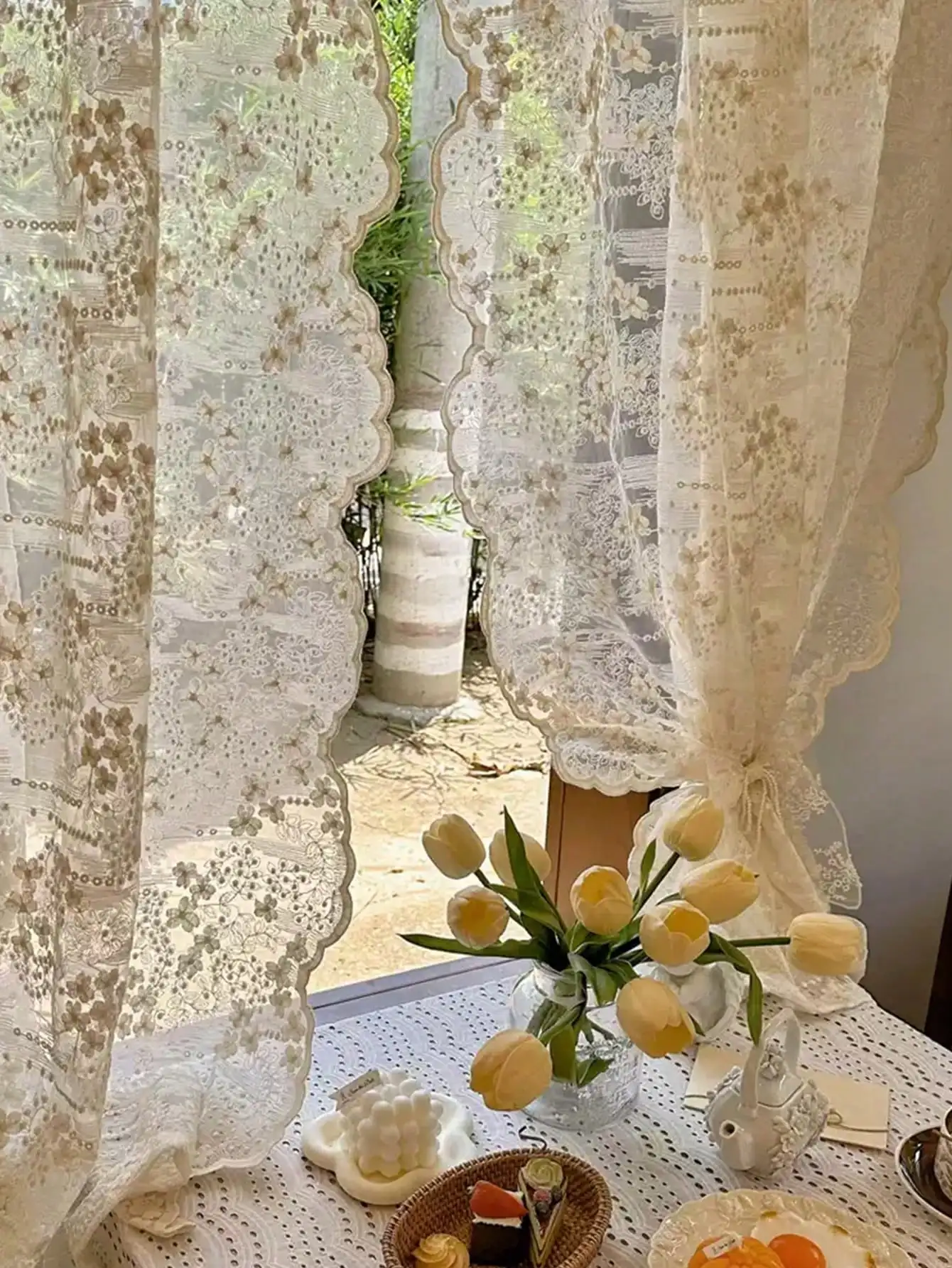 1Pc French Wave Edge Embroidered Creamy Beige Curtain Sheer Window Treatment with Lace Trim Elegant Home Decor