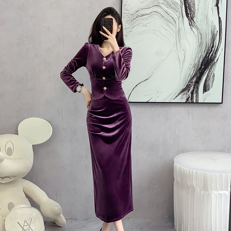 Autumn Top Skirt Two-piece Sets Women Elegant Banquet V-Neck Long Sleeve Slim Celebrity Style Velvet High Waist Solid Skirt Suit