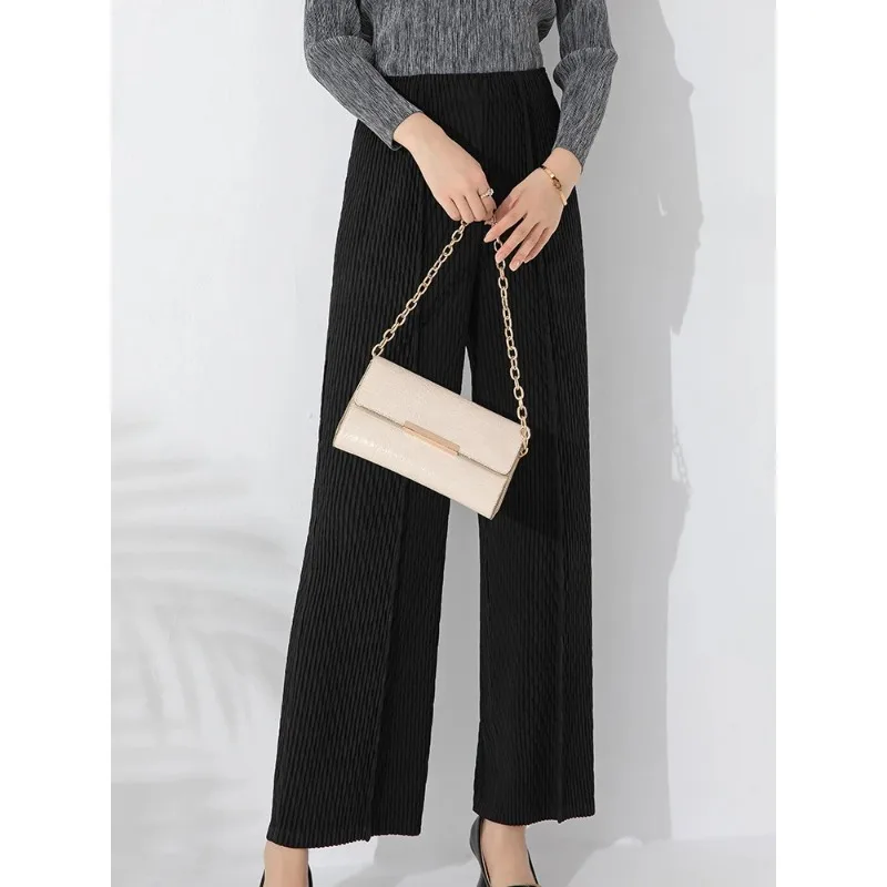 GGHK Miyake Pleated High-waisted Ladies Casual Pants Fall New Solid Color Loose Elastic Folding Design Women Wide-legged Pants