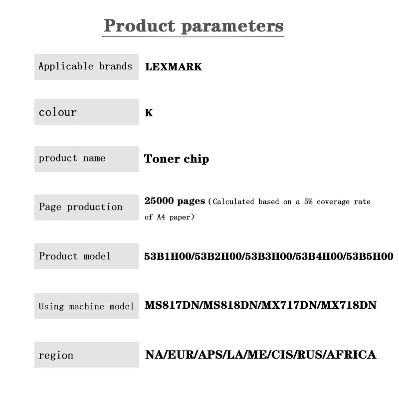 53B1H00 53B2H00 53B3H00 53B4H00 53B5H00 52D0Z00 NA/EUR/APS/LA/ME/WW Toner Chip for LEXMARK MS817DN/MS818DN/MX717DN/MX718DN