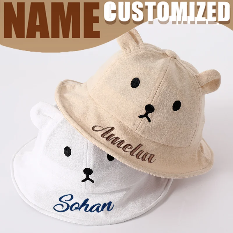 

Customizable Name Sun Hat Bear Kids Cotton Sun Hat Unisex Outdoor Summer Beach Panama Cap with Ears Children's Gift