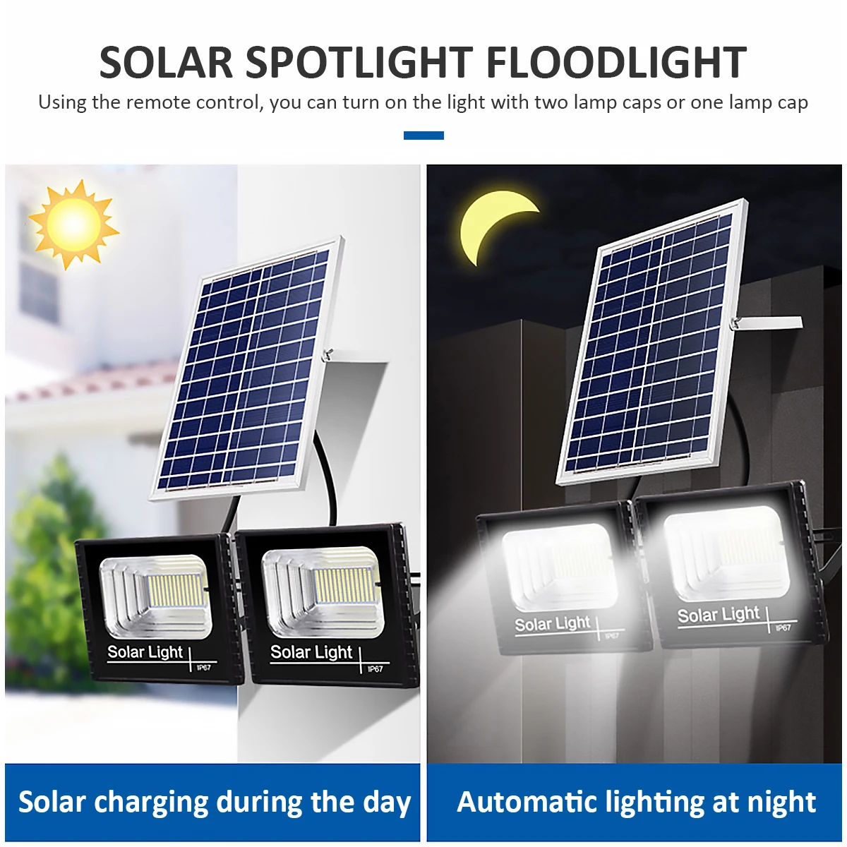 Faretto solare con sensore di luce ad alta luminosità a parete solare con telecomando e funzione di temporizzazione luci di inondazione solari per esterni