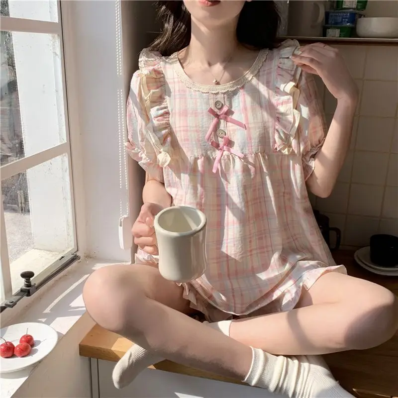 Summer new pajamas female sweet system cute girl style pink plaid bow ruffle homewear short-sleeved shorts two-piece suit