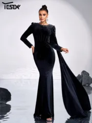 Yesexy New Black Chic Elegant Draped Round Neck Long Sleeved Mermaid Evening Gown Birthday Party Formal Occasion Cocktail Dress